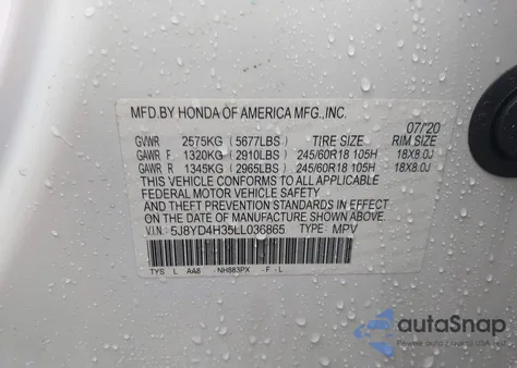 2020 Acura Mdx Standard z USA, uszkodzony, nr VIN 5J8YD4H35LL036865
